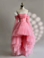 A-Line Long Sleeves High Low Tulle Lace Pink Formal Prom Dress
