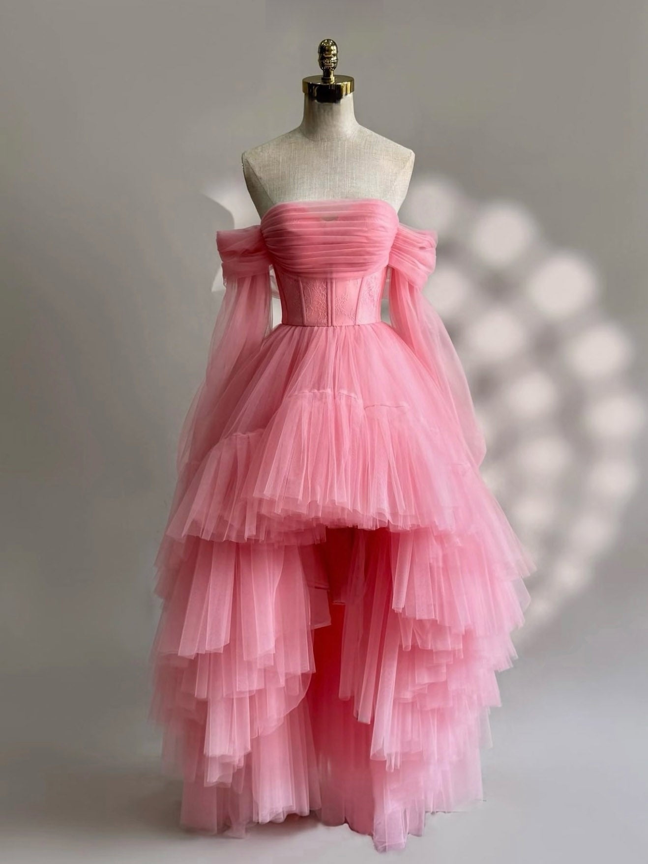 A-Line Long Sleeves High Low Tulle Lace Pink Formal Prom Dress