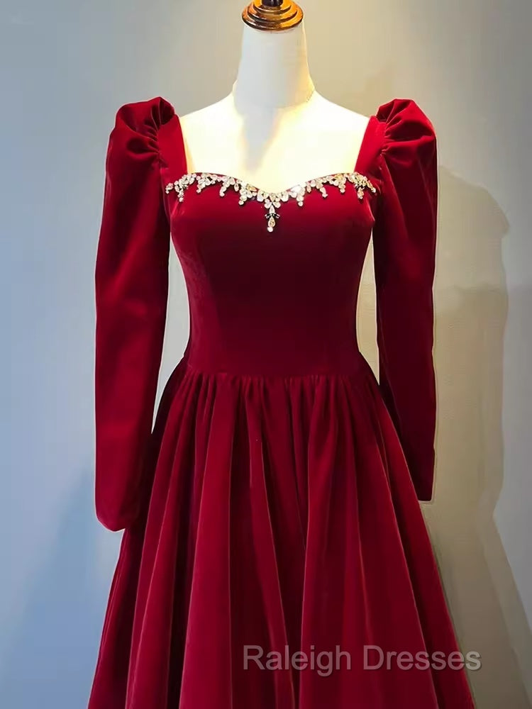 A Line Long Sleeves Red Velvet Prom Dresses Secondary image