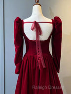 A Line Long Sleeves Red Velvet Prom Dresses