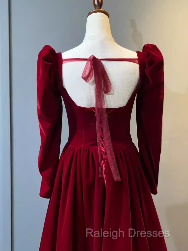 A Line Long Sleeves Red Velvet Prom Dresses