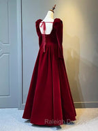 A Line Long Sleeves Red Velvet Prom Dresses