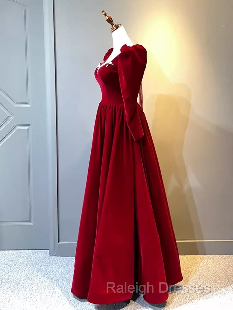 A Line Long Sleeves Red Velvet Prom Dresses