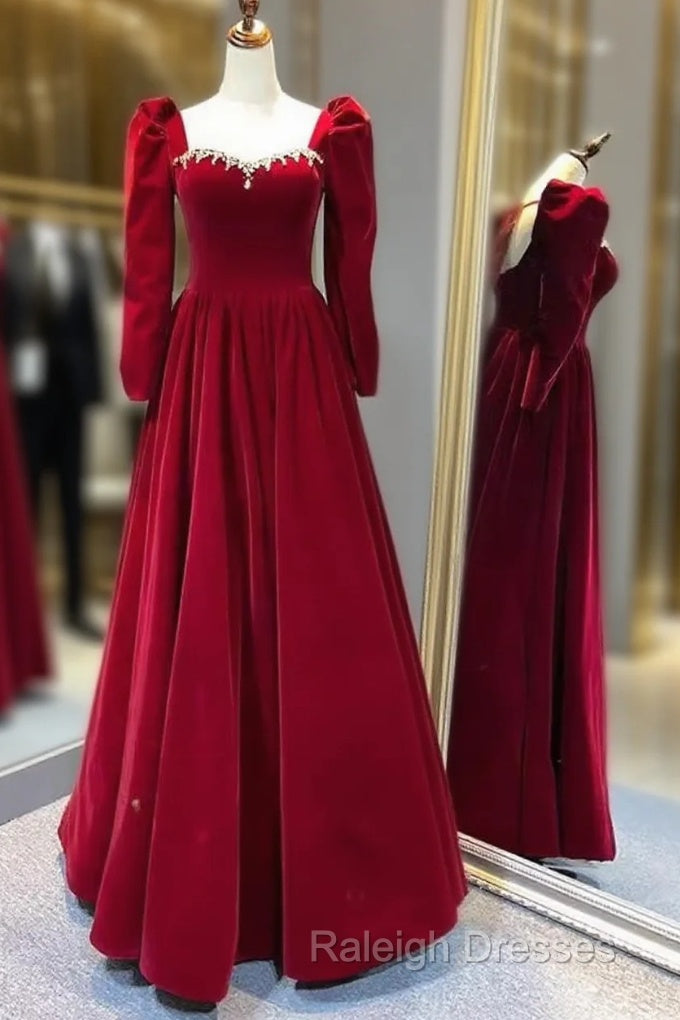 A Line Long Sleeves Red Velvet Prom Dresses Main image