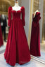 A Line Long Sleeves Red Velvet Prom Dresses