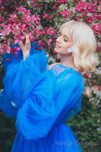 A line Long Sleeves Satin Tulle Prom Dress with Slit