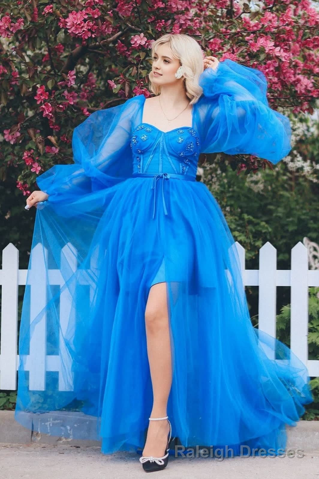A line Long Sleeves Satin Tulle Prom Dress with Slit Main image