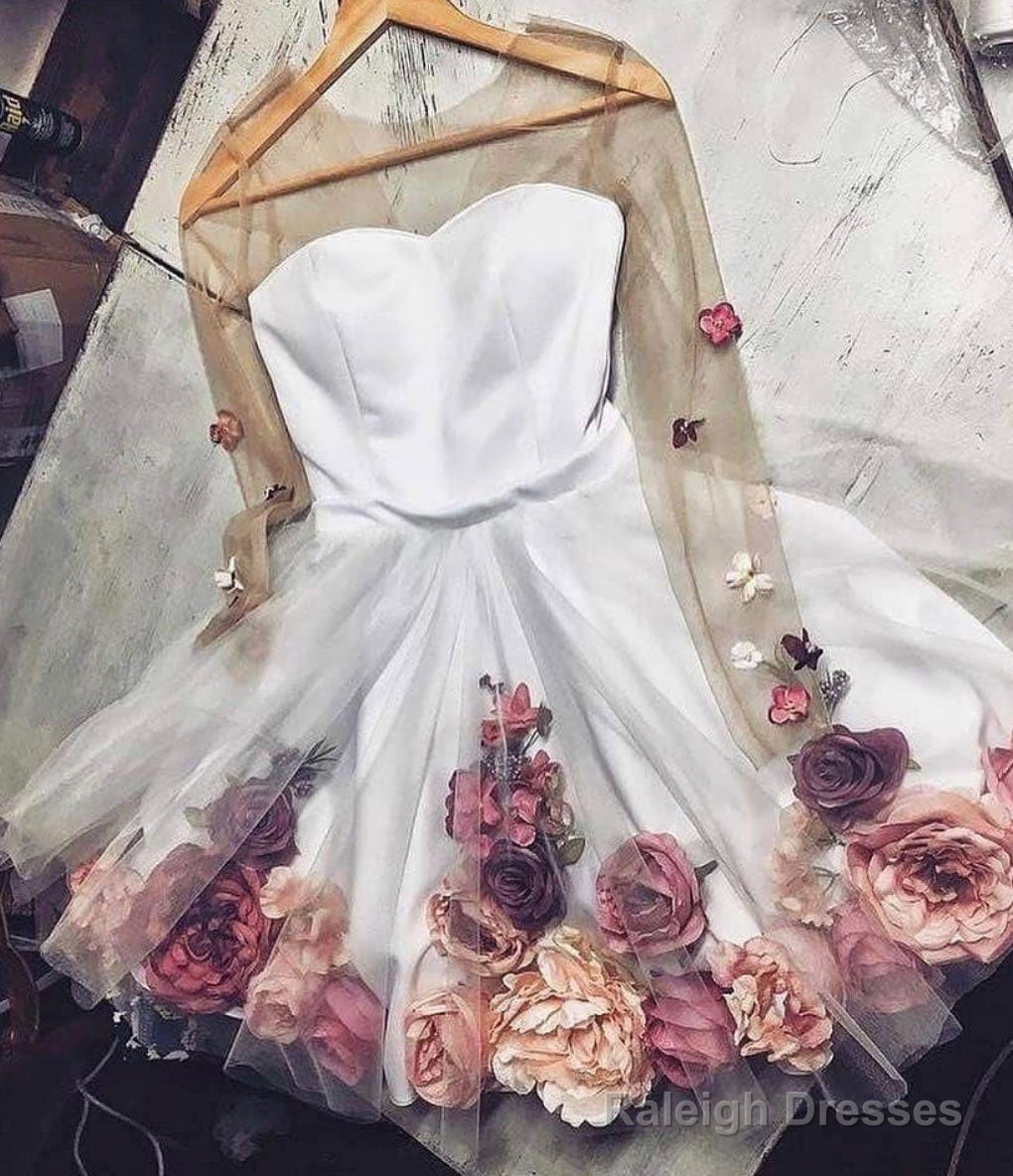 A Line Long Sleeves Short White Floral Prom Dresses, Short White Floral Graduation Homecoming Dresses Secondary image