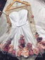 A Line Long Sleeves Short White Floral Prom Dresses, Short White Floral Graduation Homecoming Dresses
