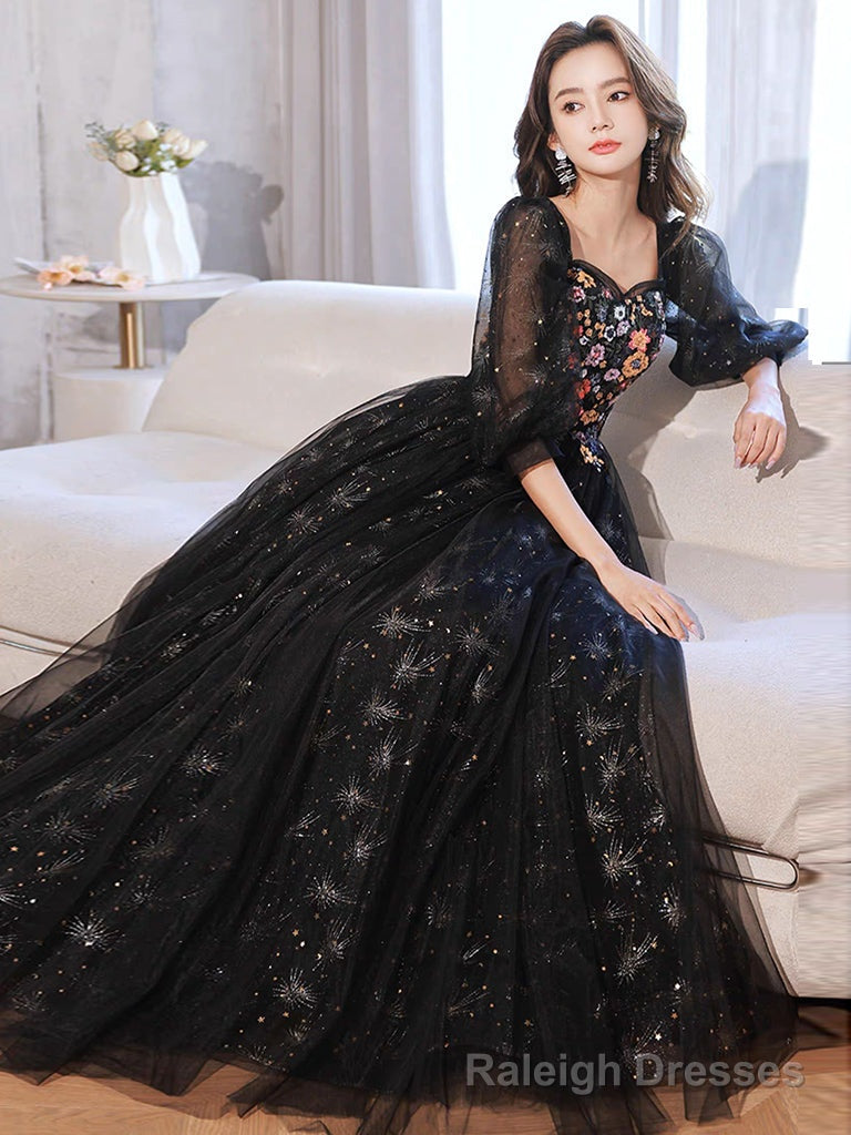 A-Line long sleeves Tulle Lace Black Long Prom Dress, Black Lace Long Formal Dress Secondary image