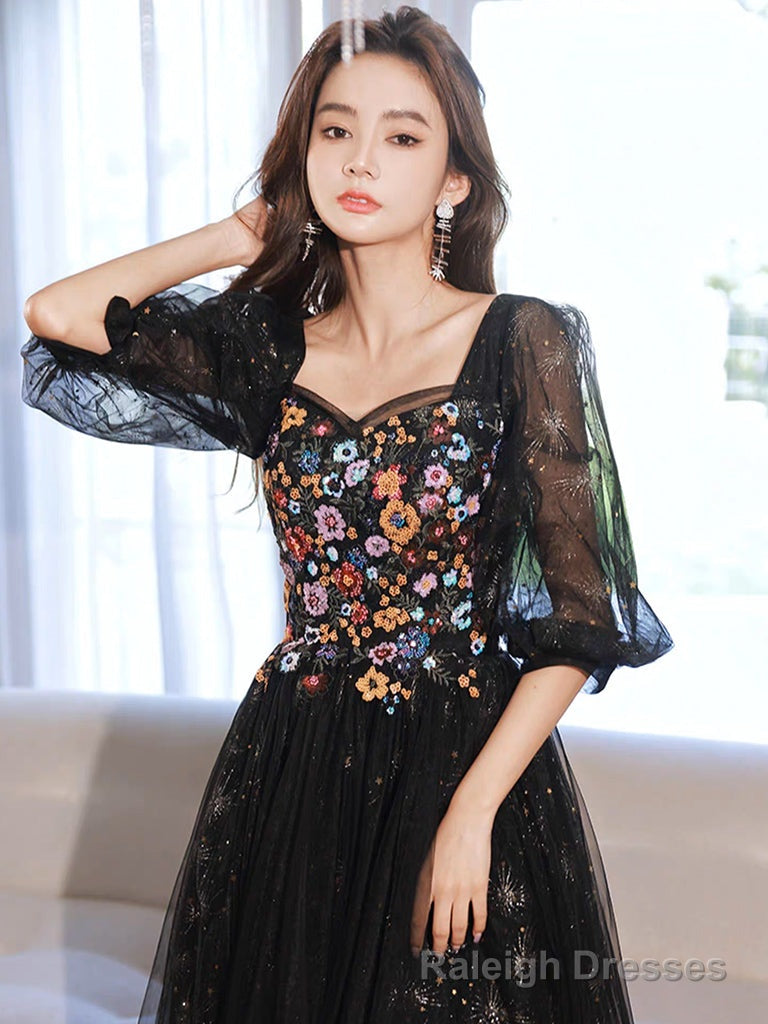 A Line long sleeves Tulle Lace Black Long Prom Dress, Black Lace Long Formal Dress