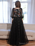 A-Line long sleeves Tulle Lace Black Long Prom Dress, Black Lace Long Formal Dress