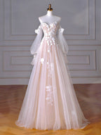 A-Line Long Sleeves Tulle Lace Champagne Long Formal Prom Dress, Champagne Long Formal Dress