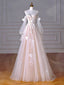 A-Line Long Sleeves Tulle Lace Champagne Long Formal Prom Dress, Champagne Long Formal Dress