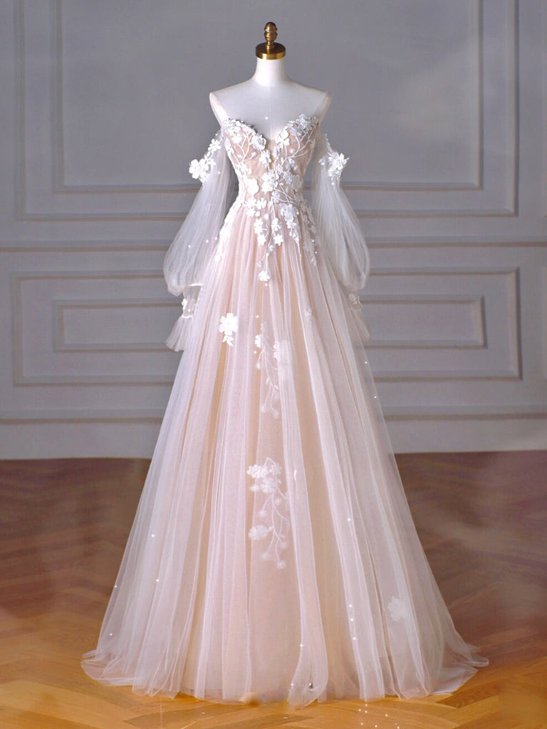 A-Line Long Sleeves Tulle Lace Champagne Long Formal Prom Dress, Champagne Long Formal Dress Main image