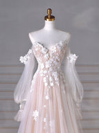 A-Line Long Sleeves Tulle Lace Champagne Long Formal Prom Dress, Champagne Long Formal Dress
