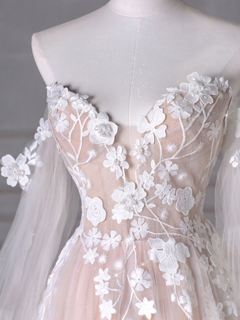 A-Line Long Sleeves Tulle Lace Champagne Long Formal Prom Dress, Champagne Long Formal Dress