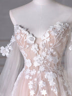 A-Line Long Sleeves Tulle Lace Champagne Long Formal Prom Dress, Champagne Long Formal Dress