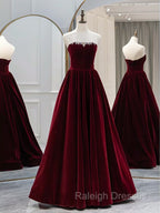 A-Line Long Sleeves Velvet Burgundy Long Prom Dress, Burgundy Long Evening Dress with Beads