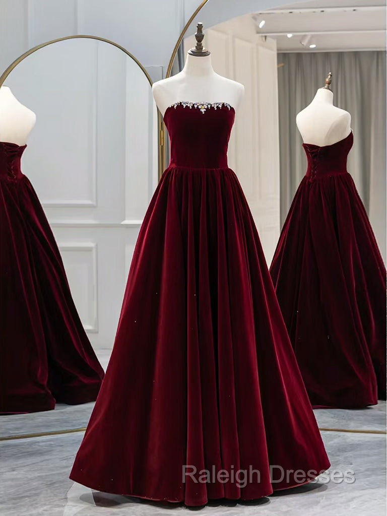 A-Line Long Sleeves Velvet Burgundy Long Prom Dress, Burgundy Long Evening Dress with Beads