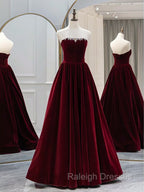 A Line Long Sleeves Velvet Burgundy Long Prom Dress, Burgundy Long Prom Dress with Beads
