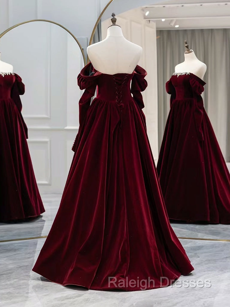 A-Line Long Sleeves Velvet Burgundy Long Prom Dress, Burgundy Long Evening Dress with Beads