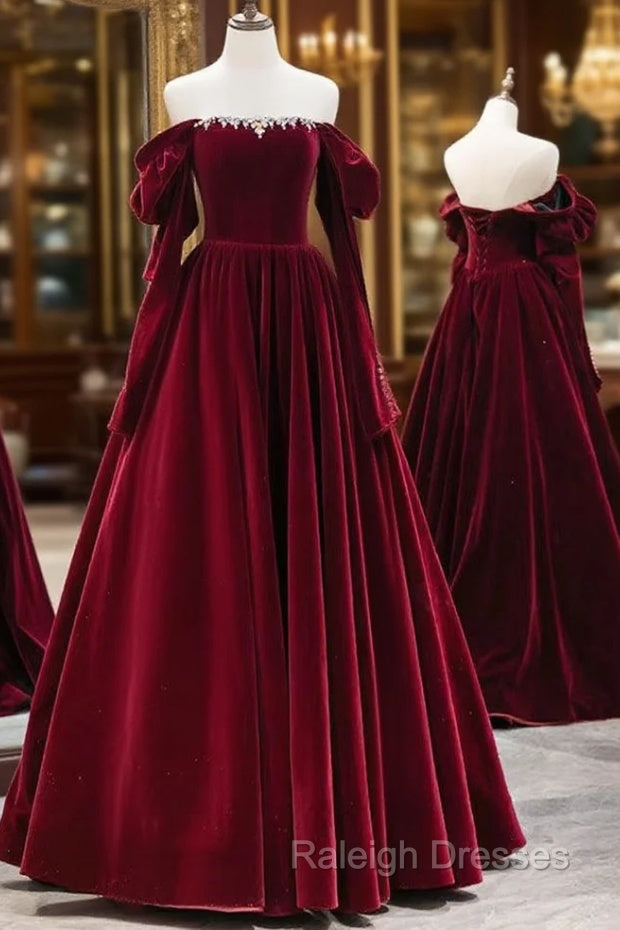 A-Line Long Sleeves Velvet Burgundy Long Prom Dress, Burgundy Long Evening Dress with Beads