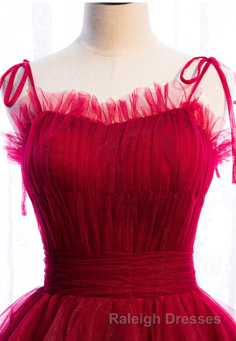 A Line Long Spaghetti Strap Red Prom Dress Black Layers Tulle Prom Dresses