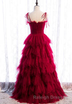 A Line Long Spaghetti Strap Red Prom Dress Black Layers Tulle Prom Dresses