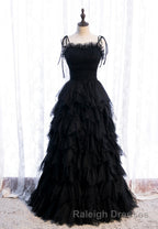 A Line Long Spaghetti Strap Red Prom Dress Black Layers Tulle Prom Dresses