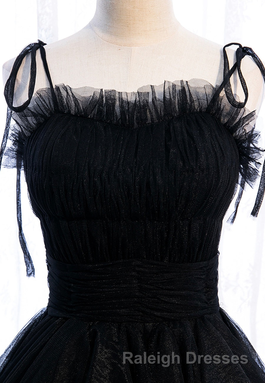 A-Line Long Spaghetti Strap Red Prom Dresses,Black Layers Tulle Evening Dress