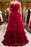 A Line Long Spaghetti Strap Red Prom Dress Black Layers Tulle Prom Dresses