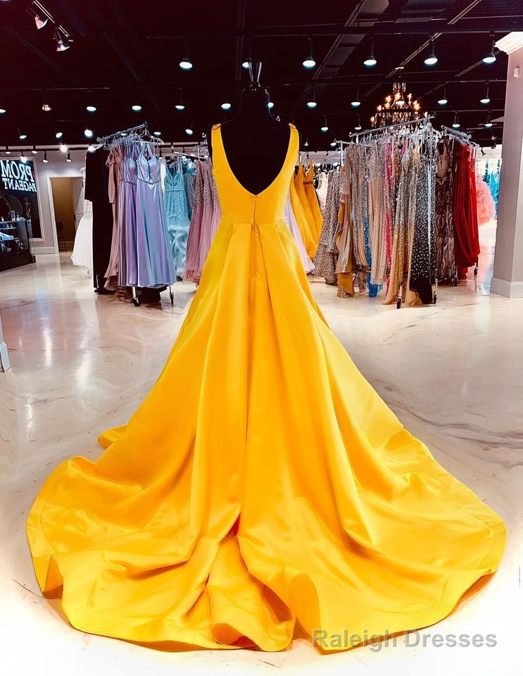 A Line Long V Neck Sleeveless Yellow Prom Formal Dresses