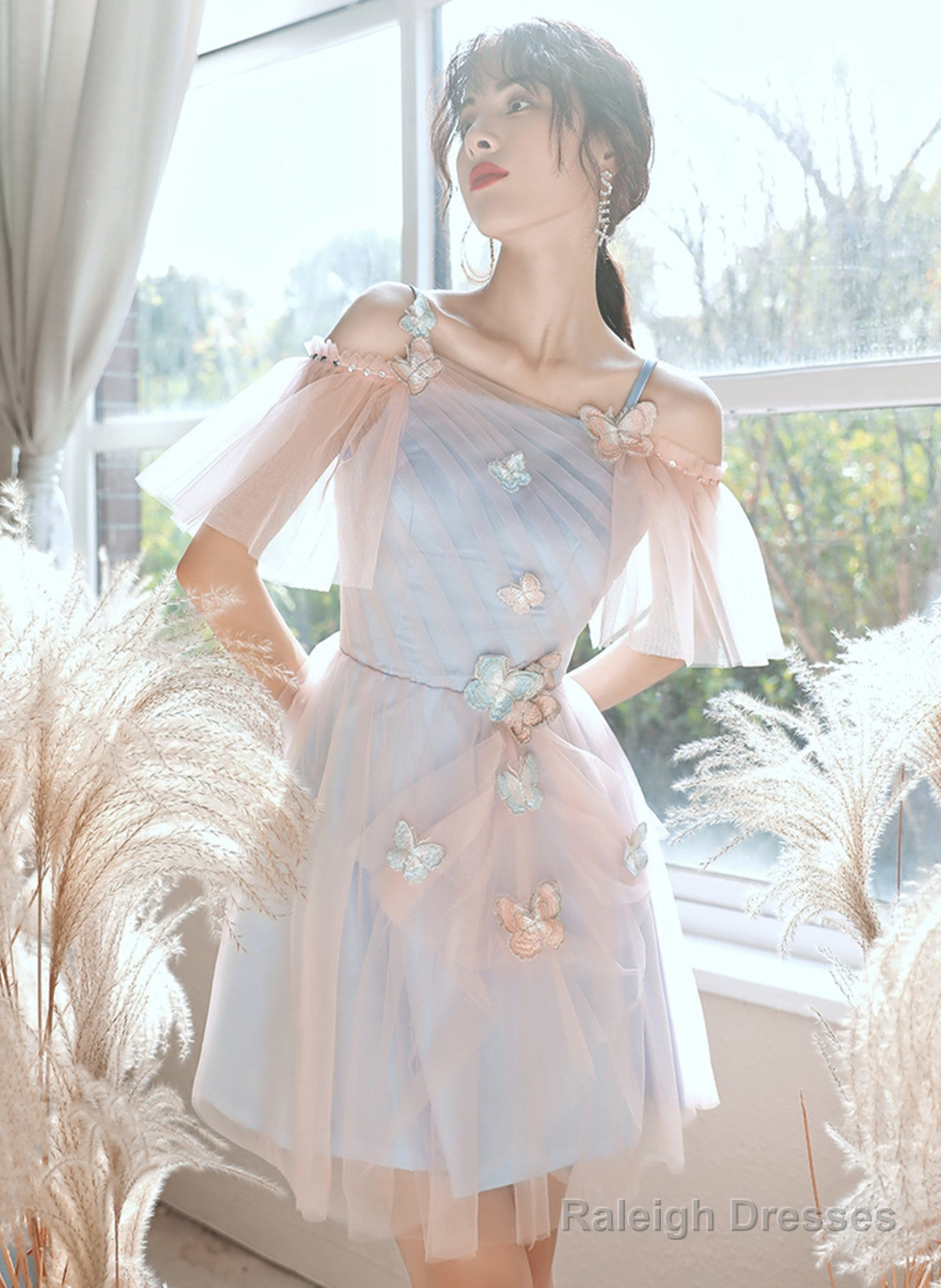 A-Line Lovely Pink And Blue Short Tulle Prom Dresses Short Homecoming Dresses Prom Dresses