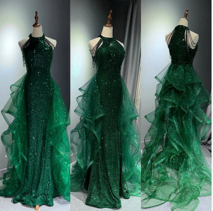 Elegant A-Line Halter Sparkly Sequins Prom Dress Long Navy Blue Prom Dress