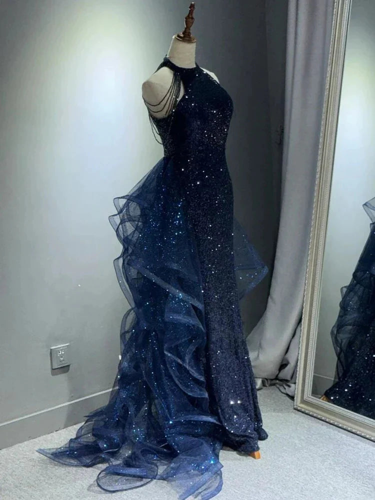 Elegant A-Line Halter Sparkly Sequins Prom Dress Long Navy Blue Prom Dress