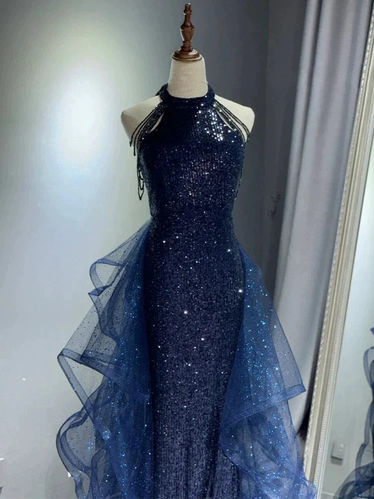 Elegant A-Line Halter Sparkly Sequins Prom Dress Long Navy Blue Prom Dress