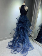 Elegant A-Line Halter Sparkly Sequins Prom Dress Long Navy Blue Prom Dress