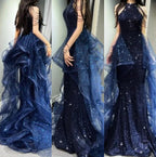 Elegant A-Line Halter Sparkly Sequins Prom Dress Long Navy Blue Prom Dress
