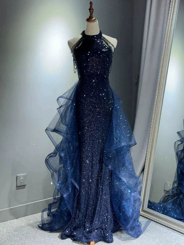 Elegant A-Line Halter Sparkly Sequins Prom Dress Long Navy Blue Prom Dress