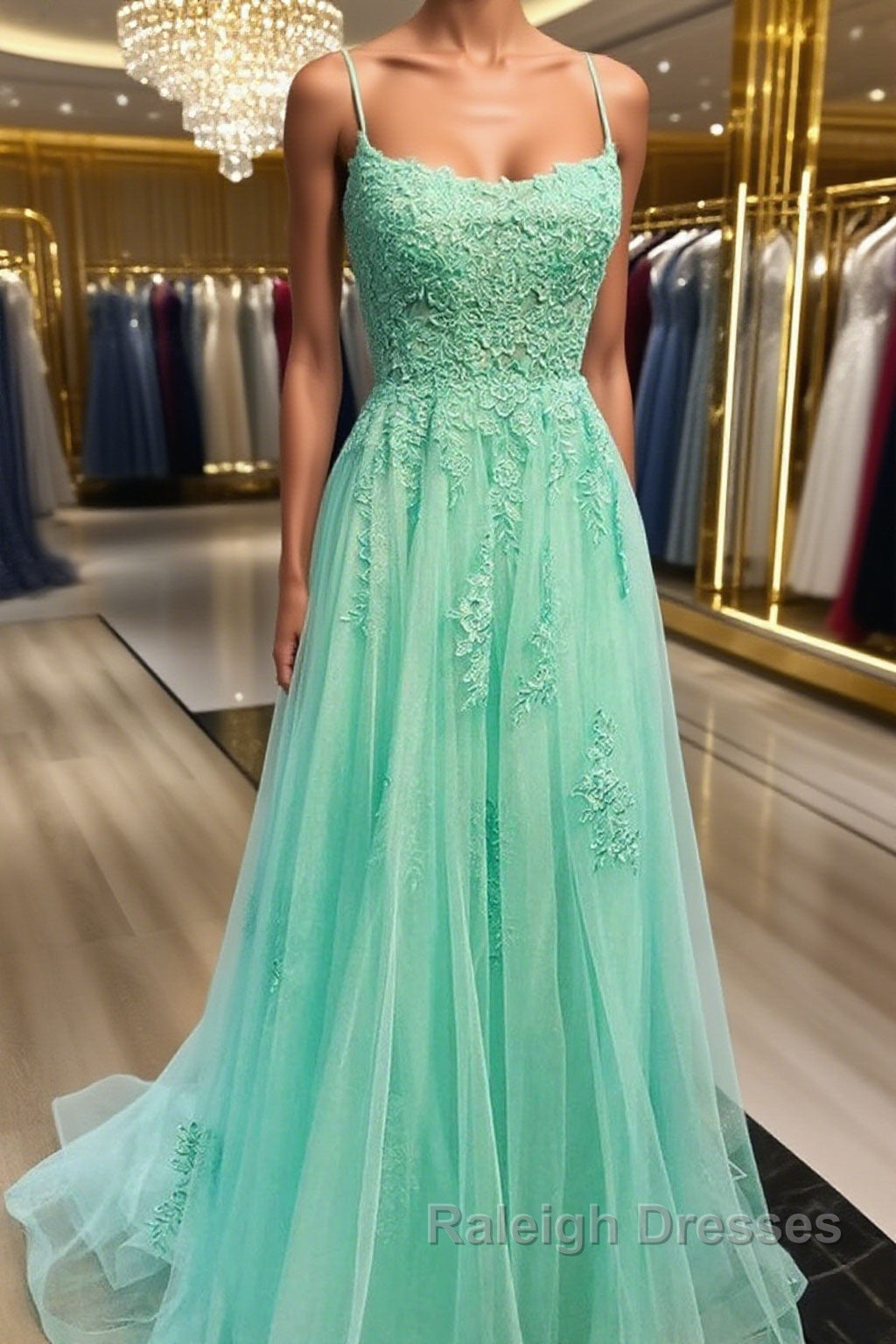 A Line Mint Green Lace Long Prom Dresses, Mint Green Lace Formal Graduation Evening Dresses