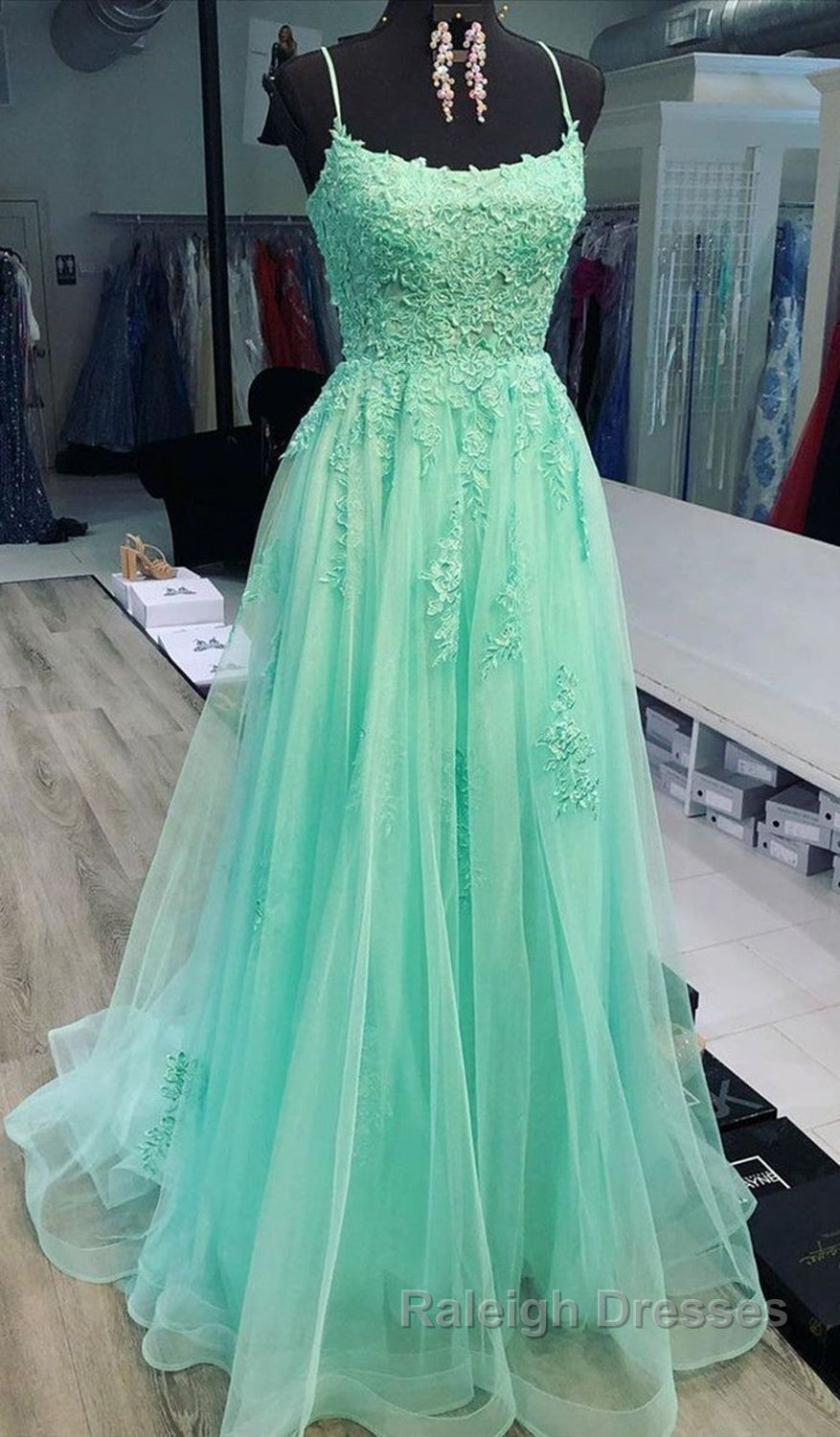 A Line Mint Green Lace Long Prom Dress Mint Green Lace Prom Graduation Prom Dress Secondary image
