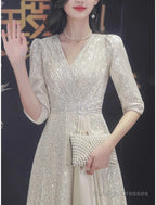 A-Line Mother Of The Bride Dress Wedding Guest Elegant Sparkle & Shine Petite V Neck Sweep / Brush Train Sequined Half Sleeve With Pleats Crystal Brooch