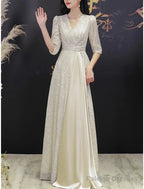 A-Line Mother Of The Bride Dresses Wedding Guest Elegant Sparkle & Shine Petite V Neck Sweep / Brush Train Sequined Half Sleeve With Pleats Crystal Brooch
