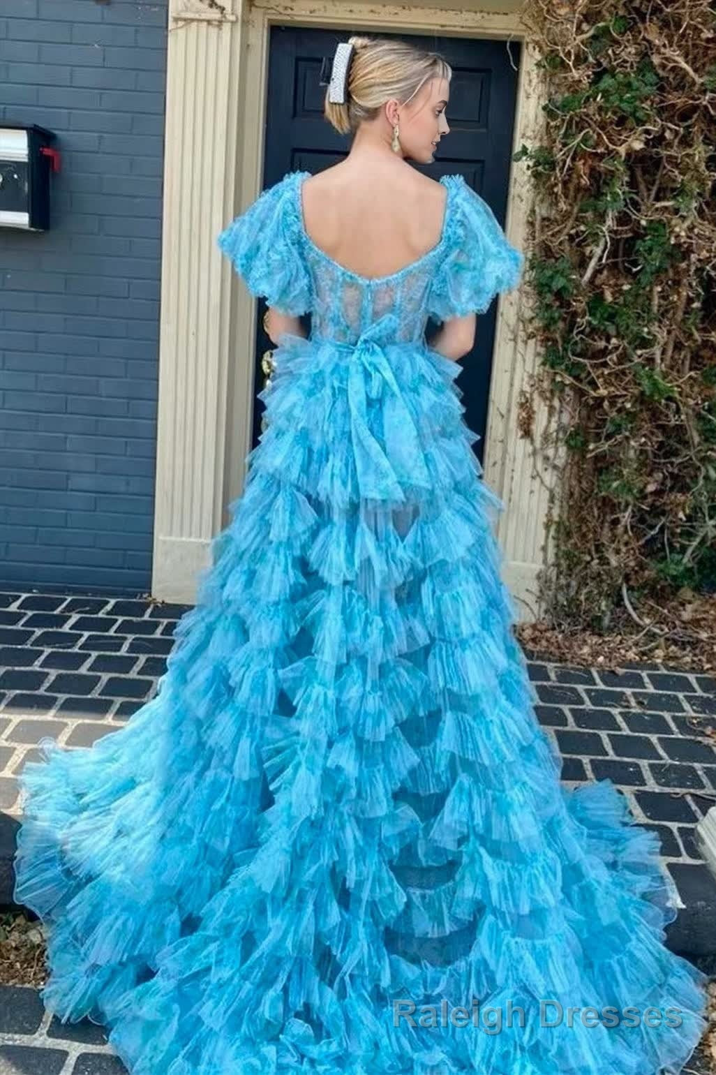 A Line Multi Tiered Printed Tulle Prom Dress with Slit