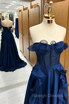 A Line Navy Blue Corset Ruffle Maxi Prom Dress