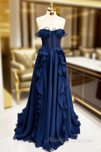 A Line Navy Blue Corset Ruffle Maxi Prom Dress