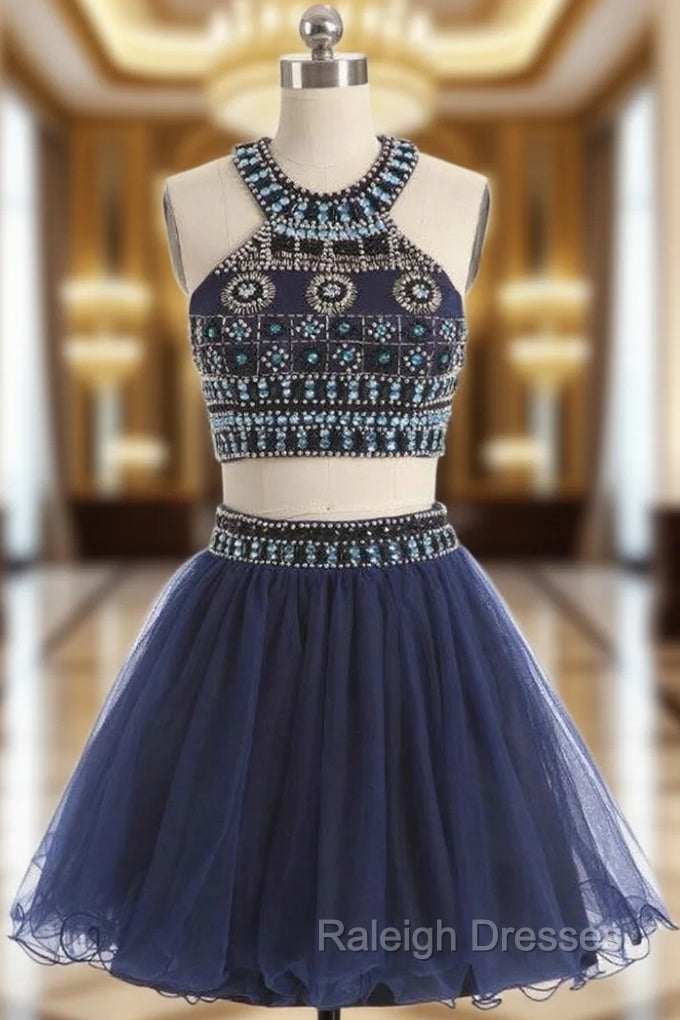 A-line Navy Blue Halter Tulle Beading Homecoming Dress