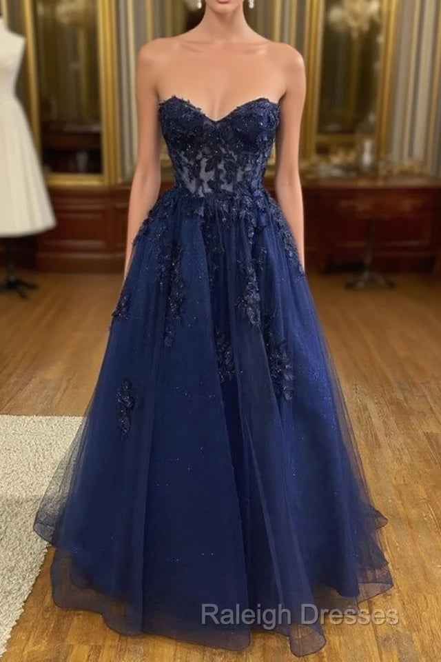 A Line  Navy Blue Lace Long Prom Dresses Strapless Graduation Evening Dresses Main image