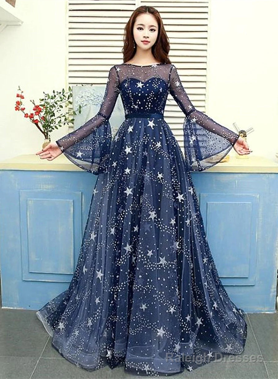 A-Line Navy Blue Round Neckline Long Party Dress, Navy Blue Long Prom Dress Main image